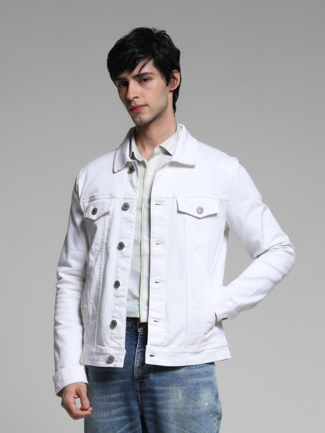 Men Spread Collar Solid Cotton Casual Denim Jacket by HARCHIZ – Breathable Style for Pakistani Weather