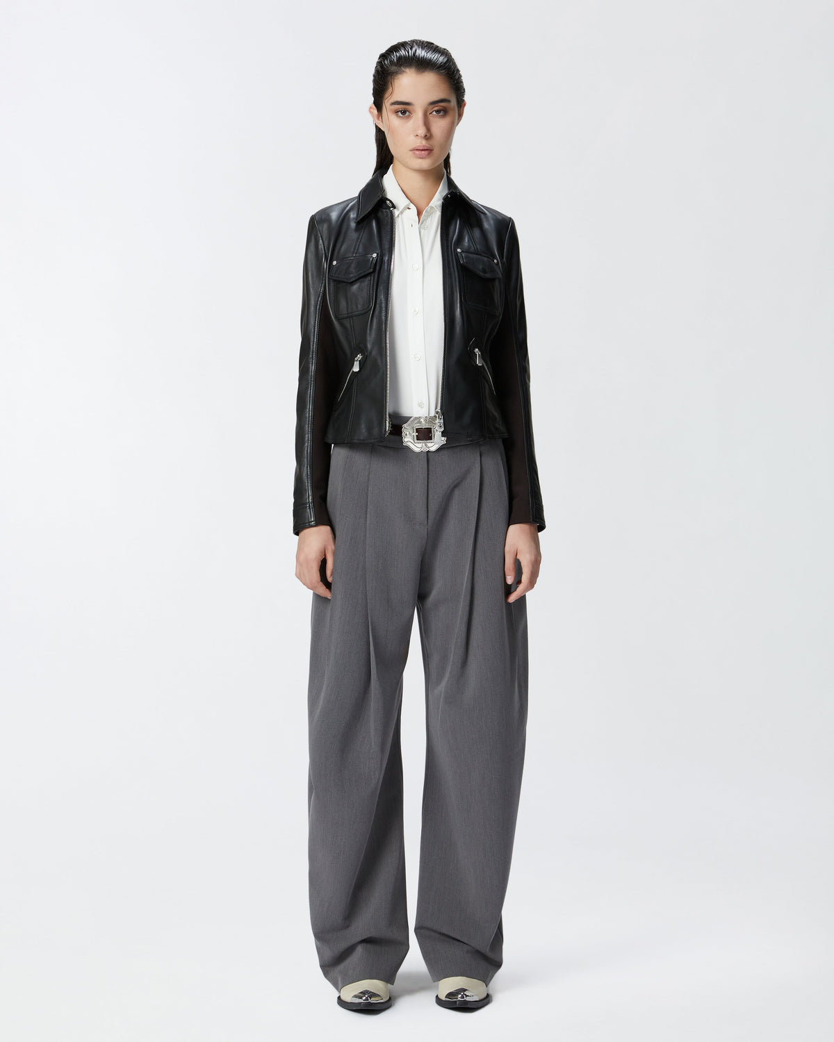 Genuine Leather & Performance Fabric Biker Jacket