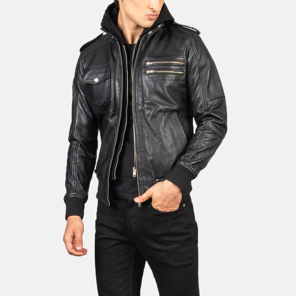 Black Hooded Genuine Leather Bomber Jacket