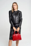 Black Collarless Women Leather Jacket