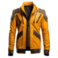 Men's Brown Mustard Yellow Genuine Sheepskin Stand Collar Vintage Outerwear Winter Warm Military Style Leather Jacket - Front View - Docacca