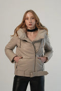 HARCHIZ Puffer Beige Hood Genuine Leather Jacket