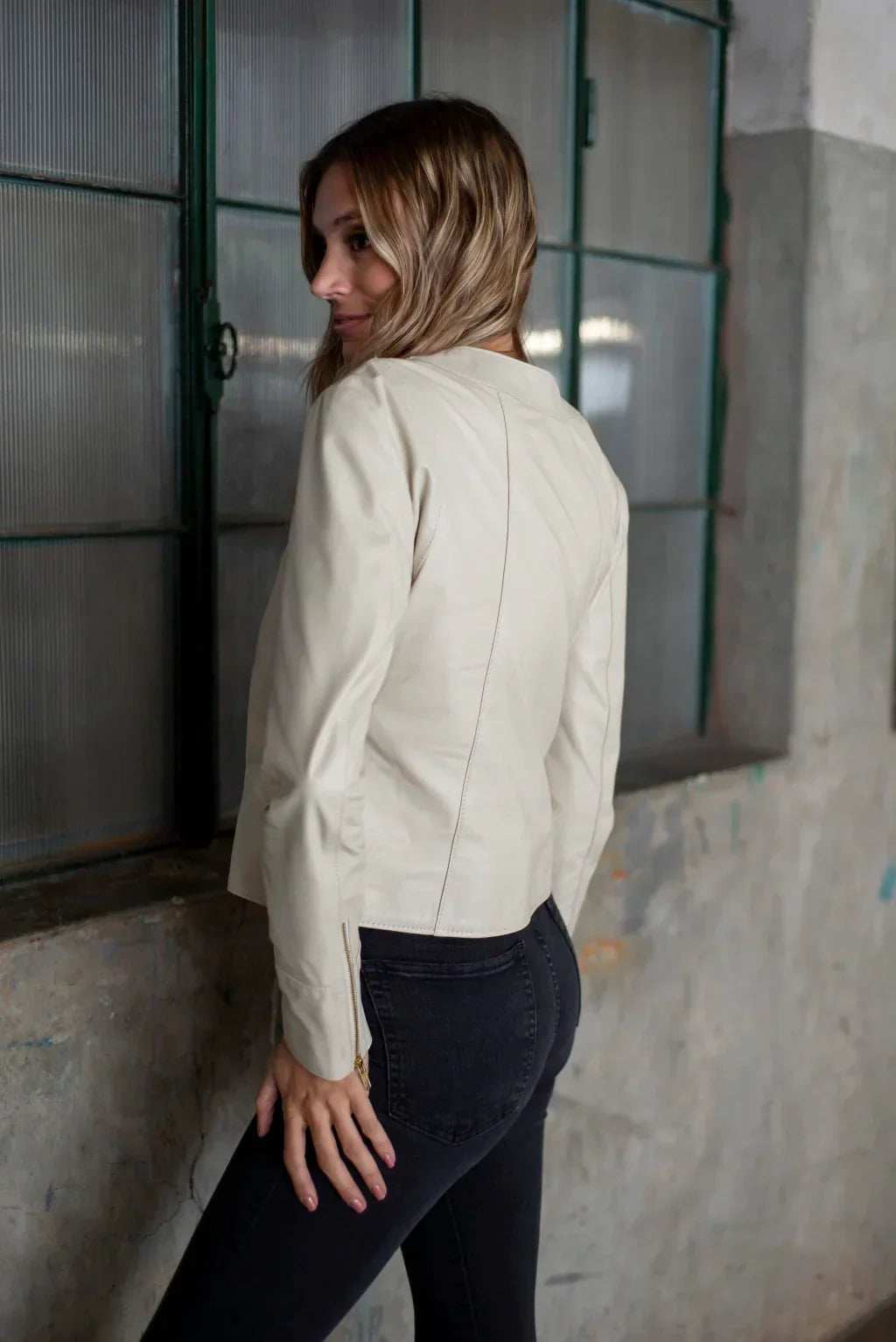 Collarless Women Leather Jacket
