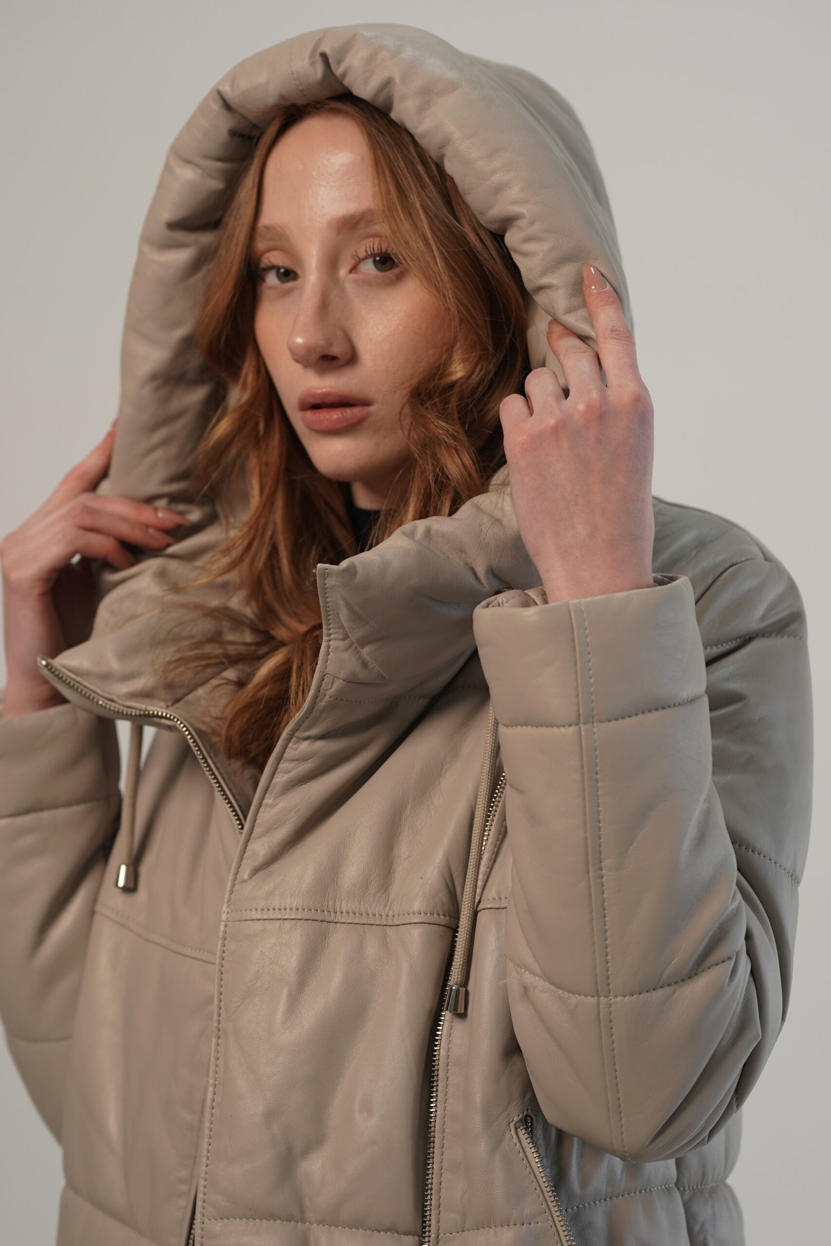 Ace Puffer Beige Hood Genuine Leather Jacket