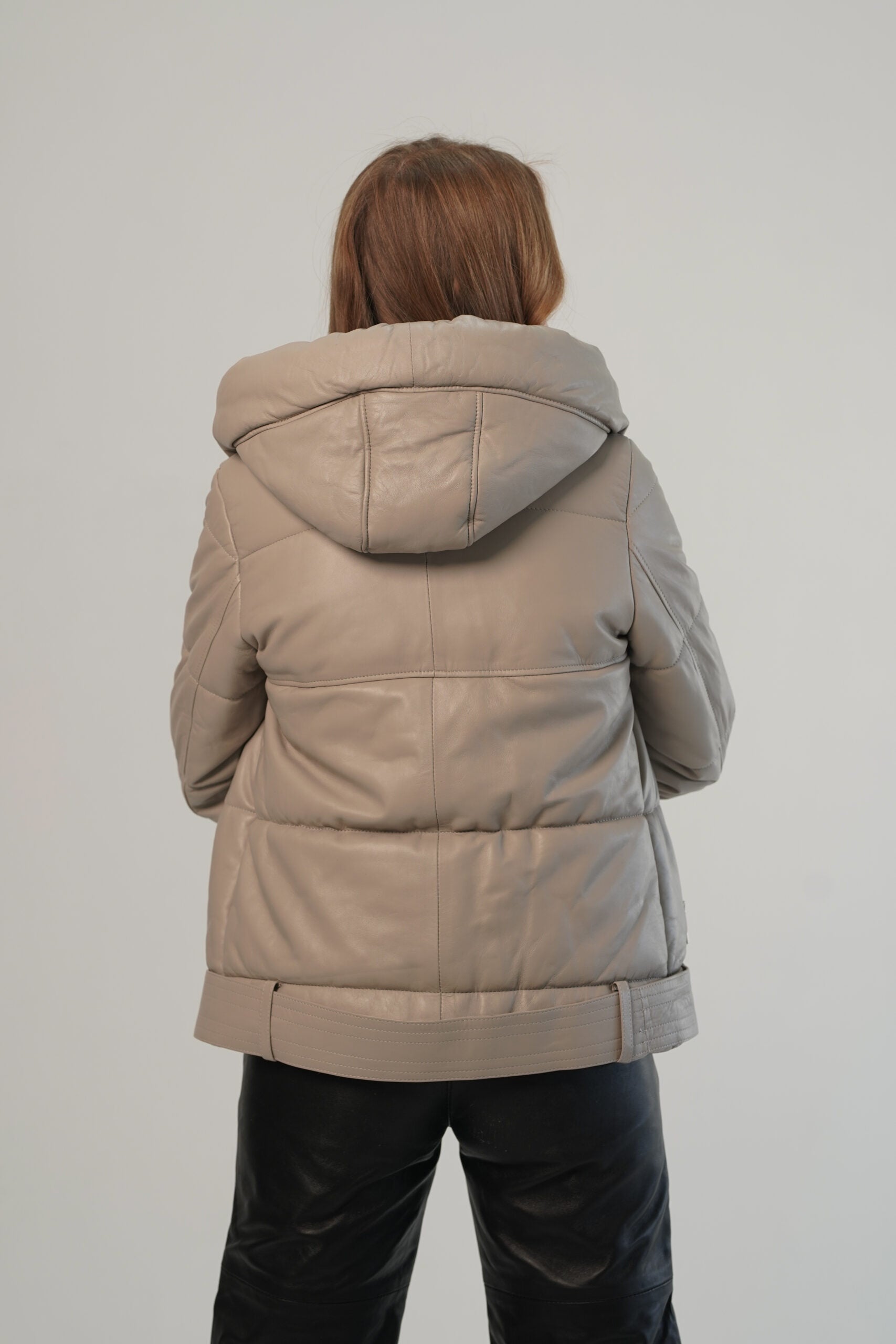 Ace Puffer Beige Hood Genuine Leather Jacket