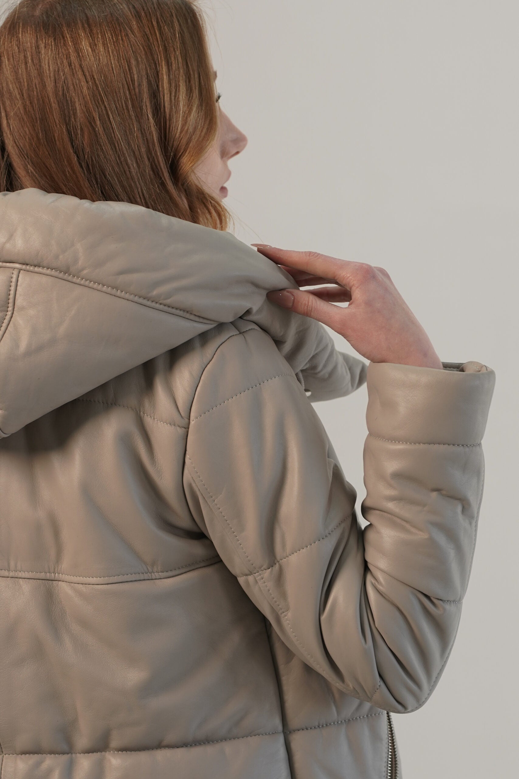 Ace Puffer Beige Hood Genuine Leather Jacket