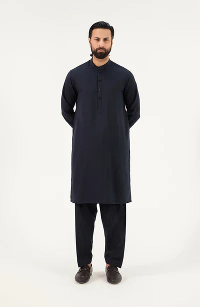 Men's Band Collar Shalwar Suit - Navy Blue
