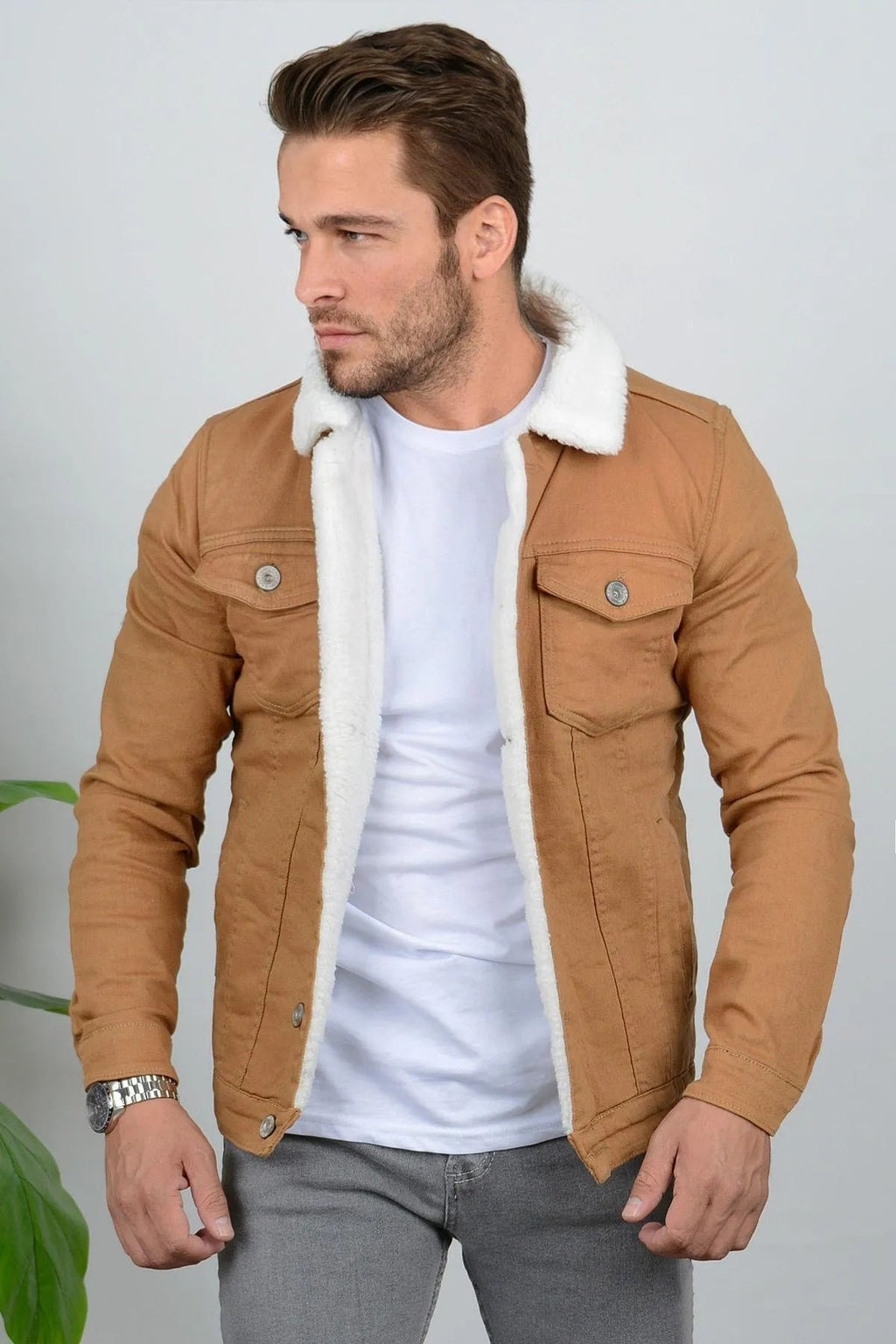 Premium Full White Fur Khaki Denim Jacket for Men