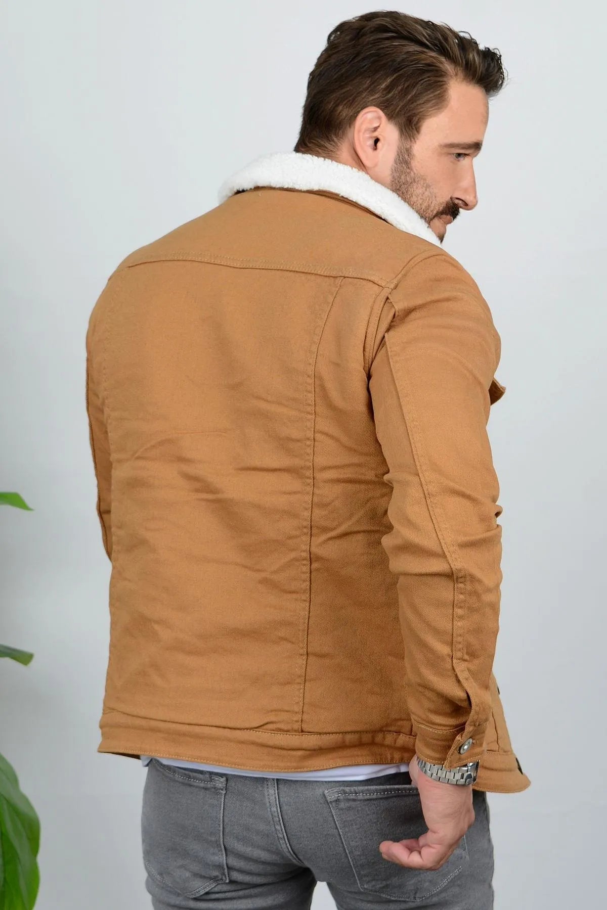 Premium Full White Fur Khaki Denim Jacket for Men