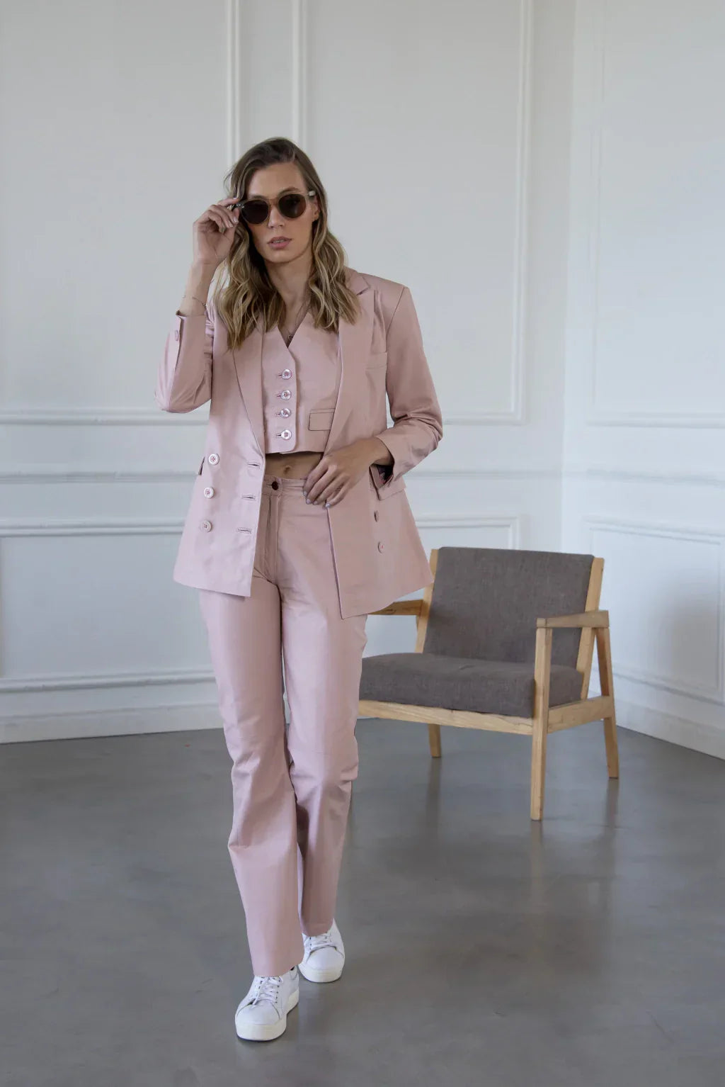 HARCHIZ Rose Pink Leather Blazer For Women (2 Piece)