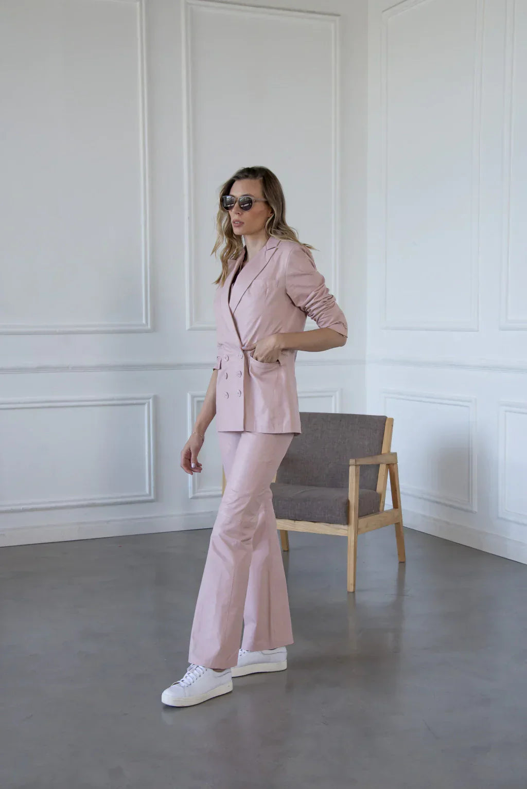 Ace Rose Pink Leather Blazer For Women (2 Piece)