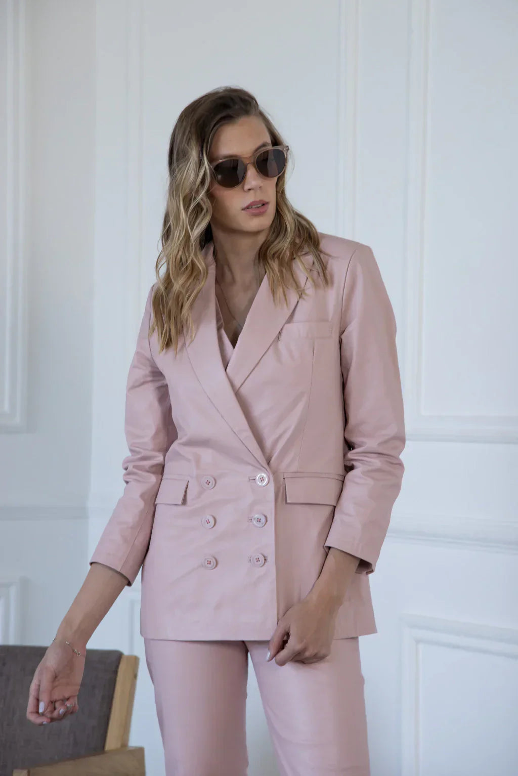 Ace Rose Pink Leather Blazer For Women (2 Piece)