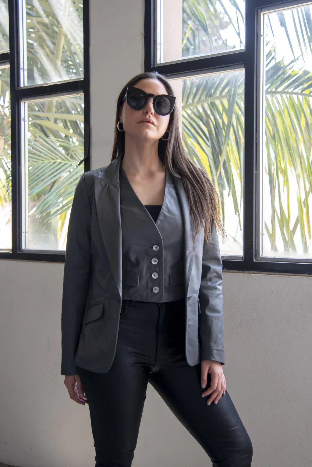 Ace Grey Leather Blazer For Women (2 Piece)