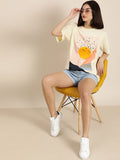 Women Cream-Coloured Printed Cotton Oversized T-Shirt – Stylish Casual Pakistan