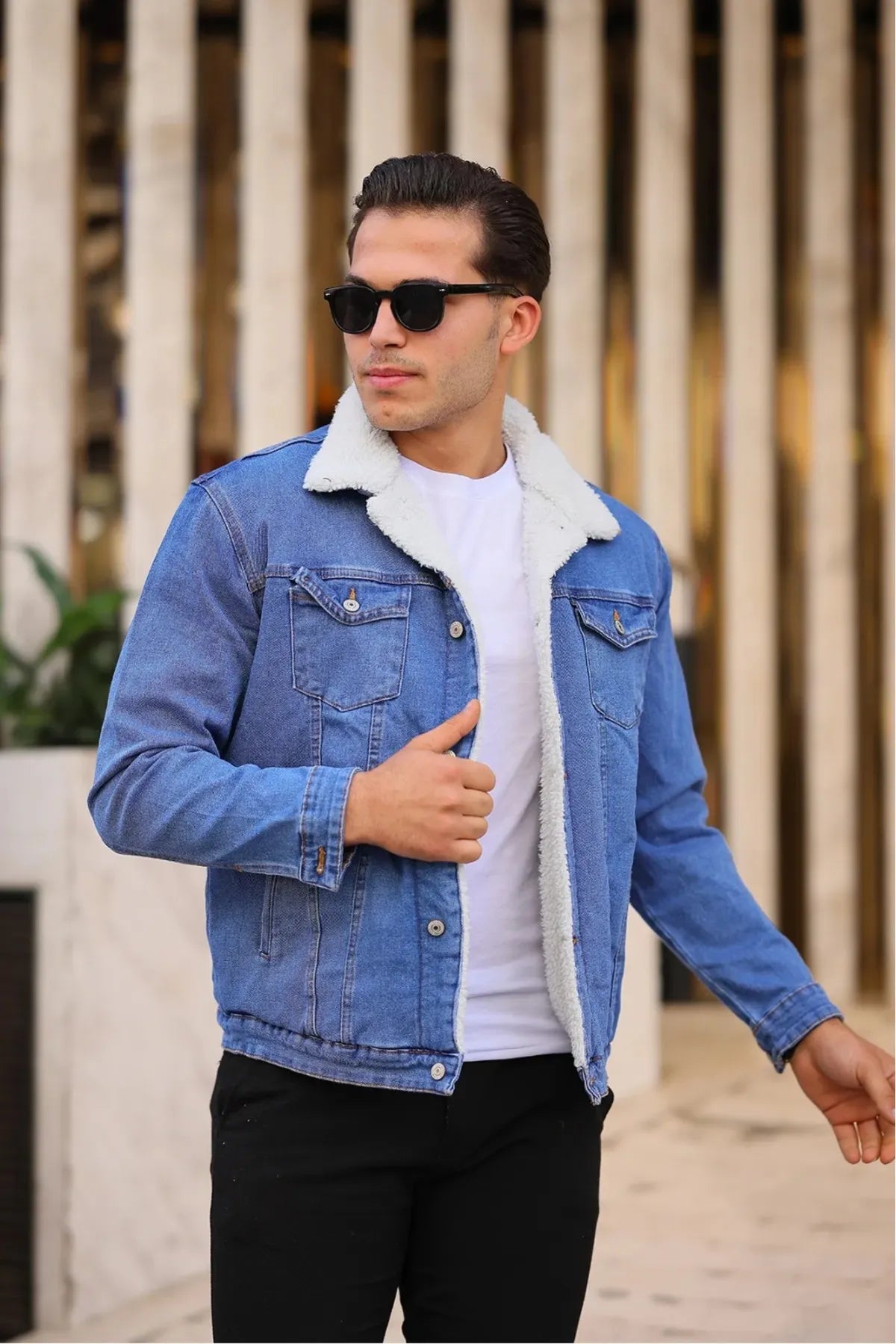 Full White Fur Light Blue Denim Jacket for Men by HARCHIZ – Stylish winter wear in Pakistan.