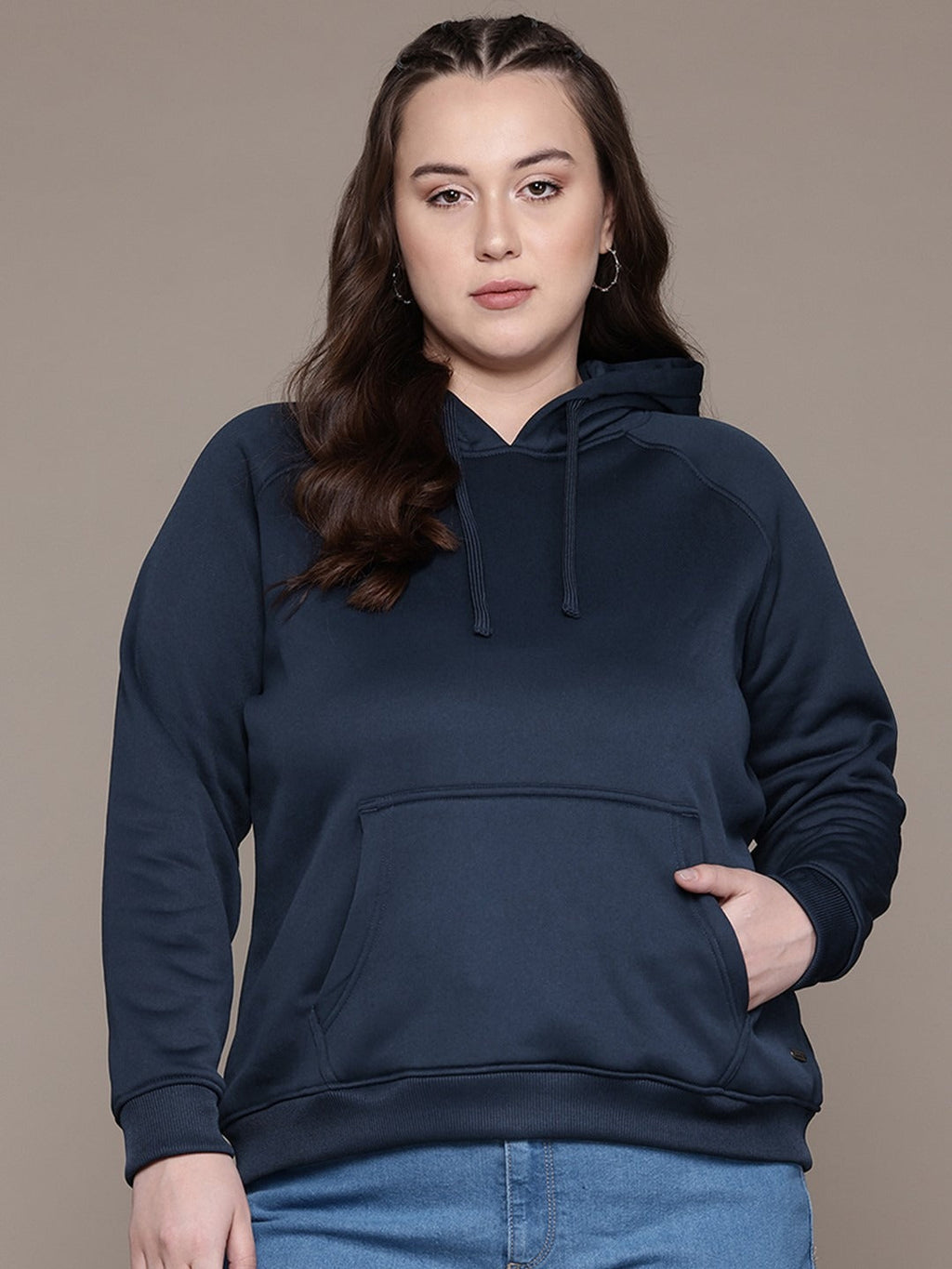 Women Navy Blue Solid Hooded Hoodie — Classic Cotton Pullover with Kangaroo Pocket | HARCHIZ Pakistan