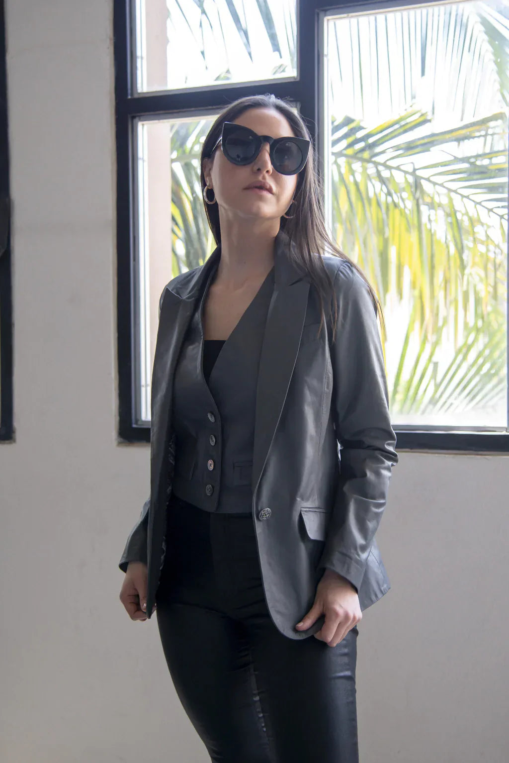 Ace Grey Leather Blazer For Women (2 Piece)