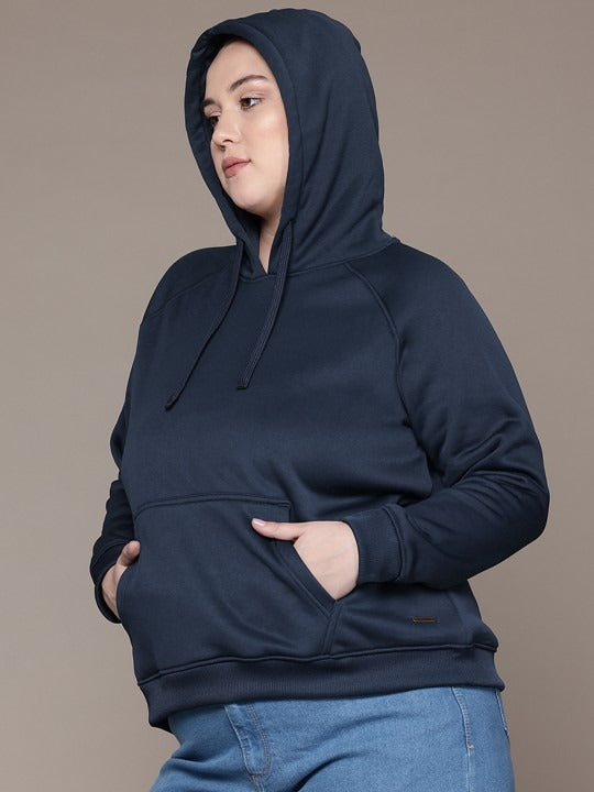Women Navy Blue Solid Hooded Hoodie — Classic Cotton Pullover with Kangaroo Pocket | HARCHIZ Pakistan
