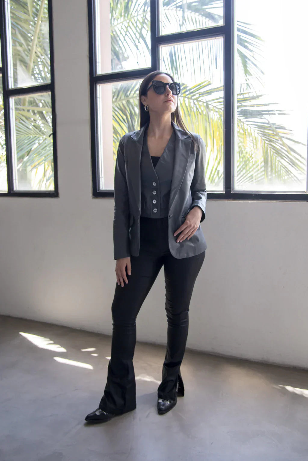 Ace Grey Leather Blazer For Women (2 Piece)