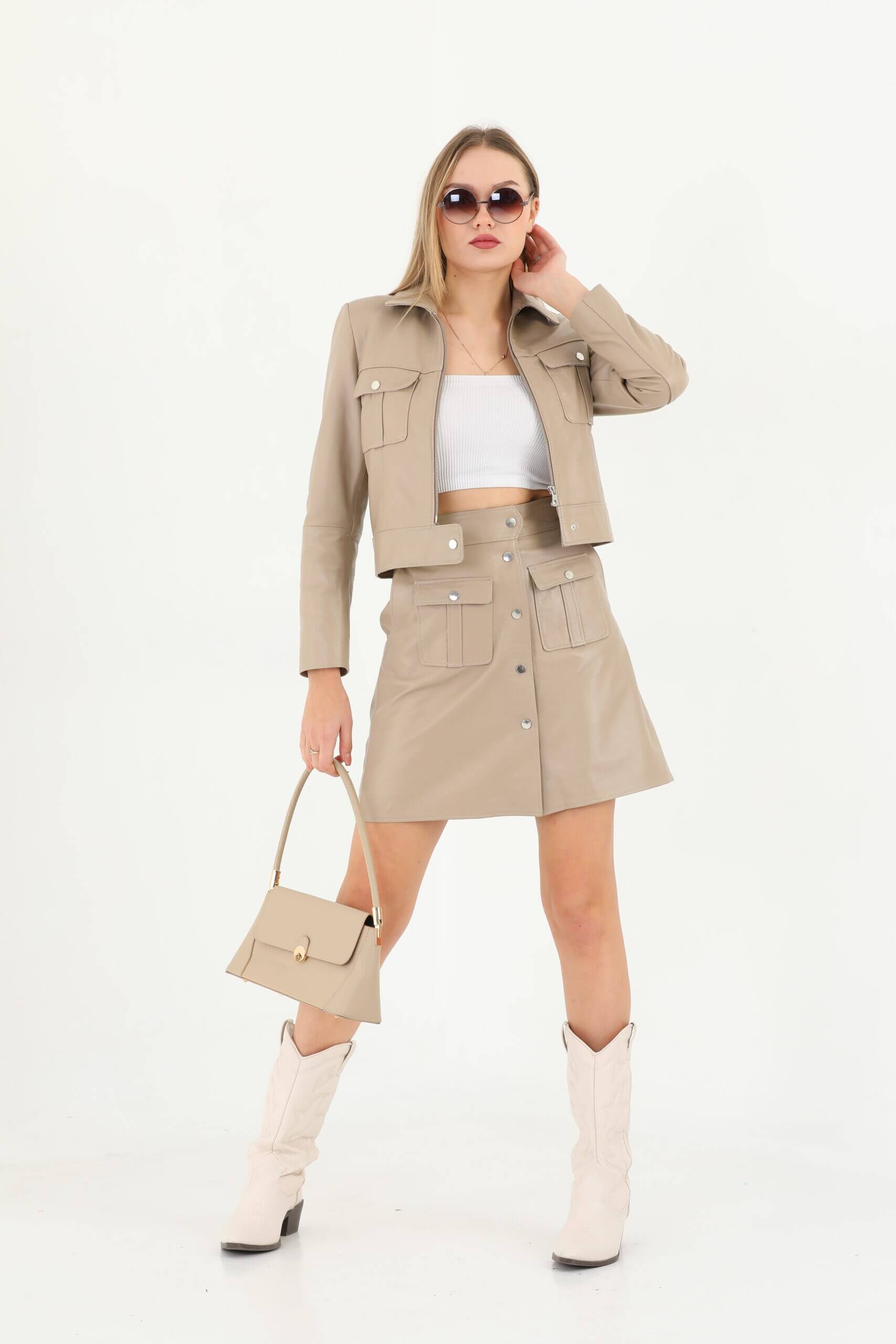 Astrid Beige Crop Leather Jacket Women