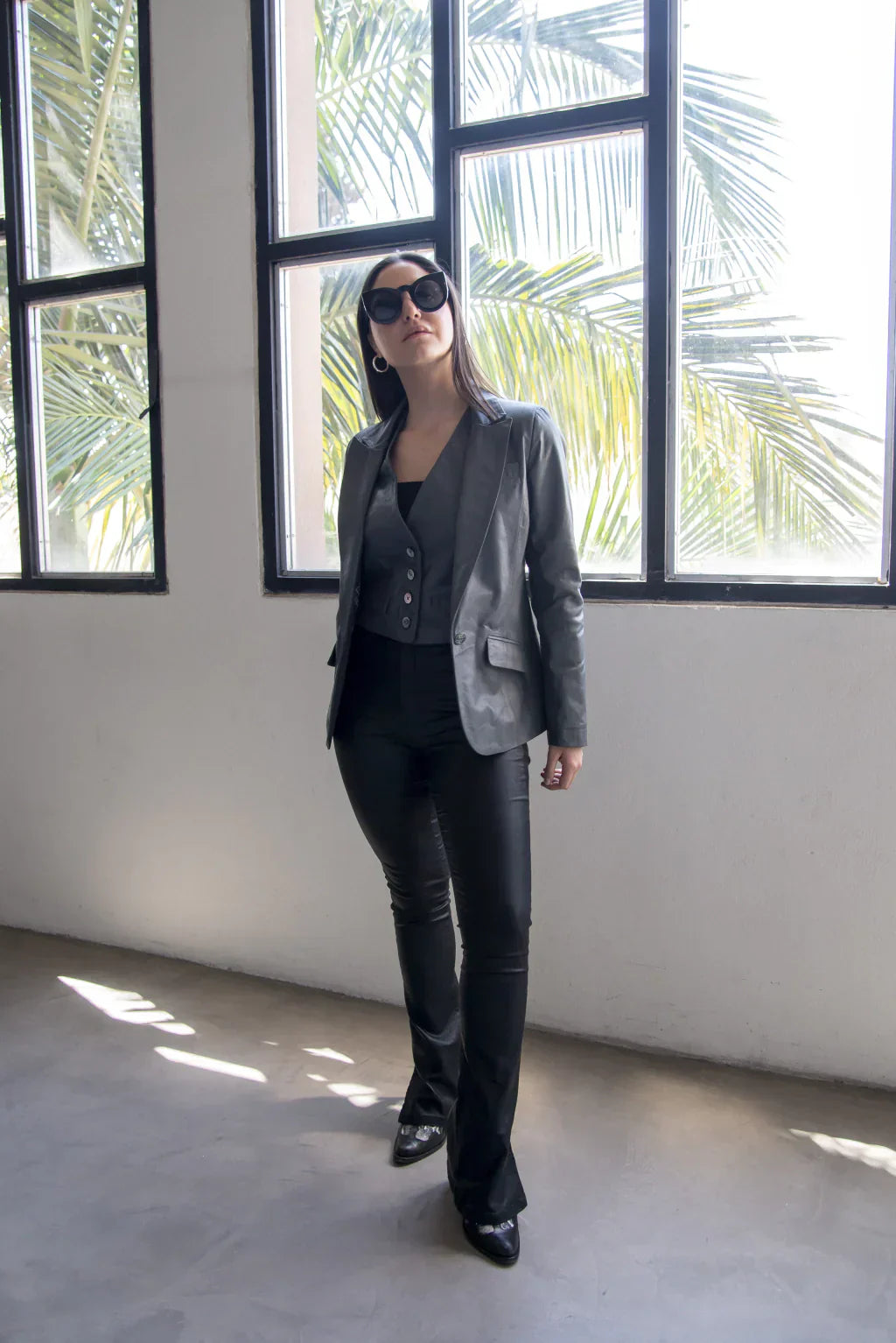 Ace Grey Leather Blazer For Women (2 Piece)