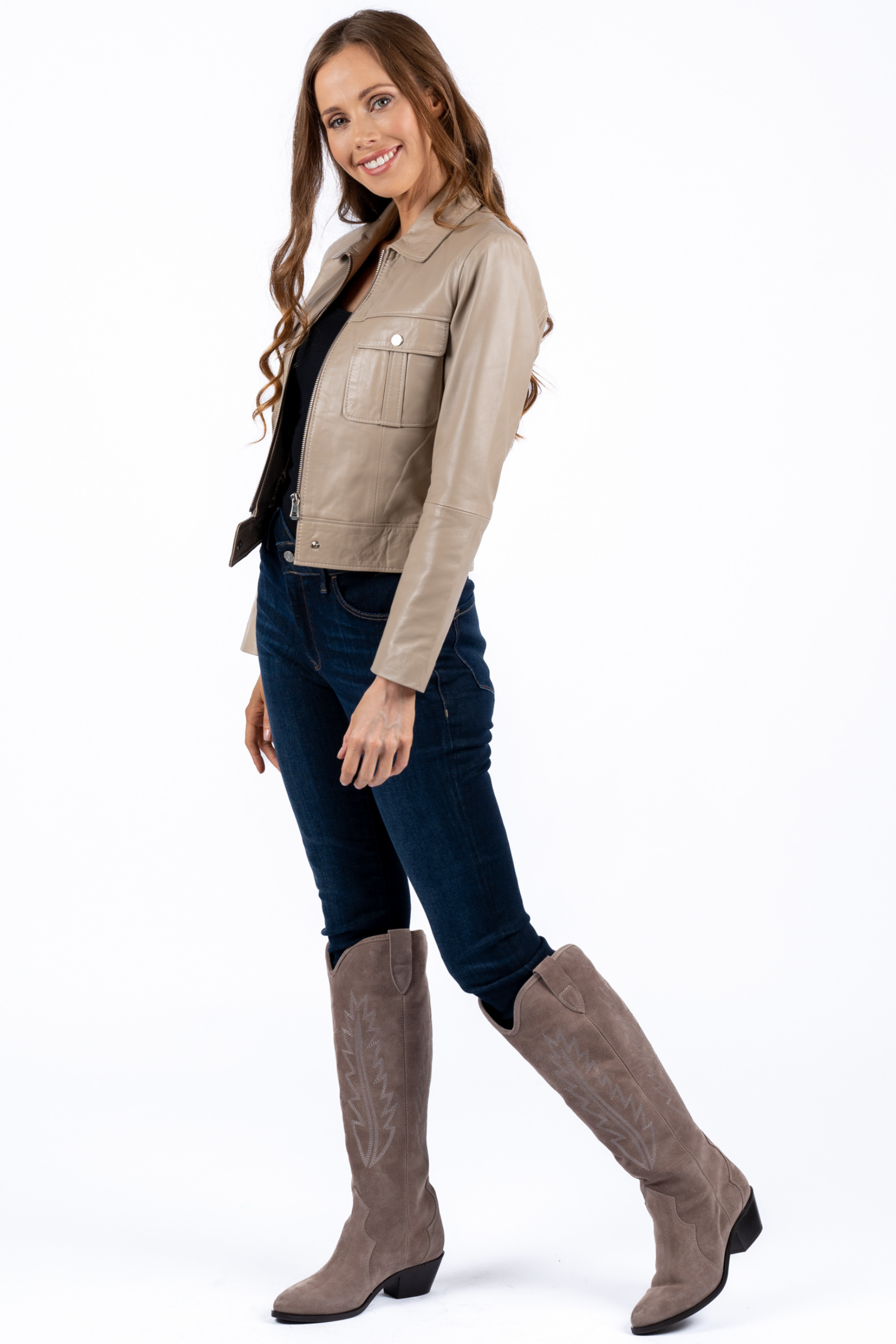 Astrid Beige Crop Leather Jacket Women