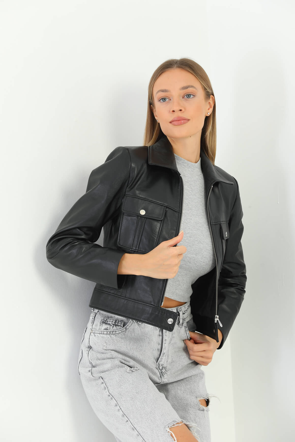 Astrid Glossy Black Crop Leather Jacket Women