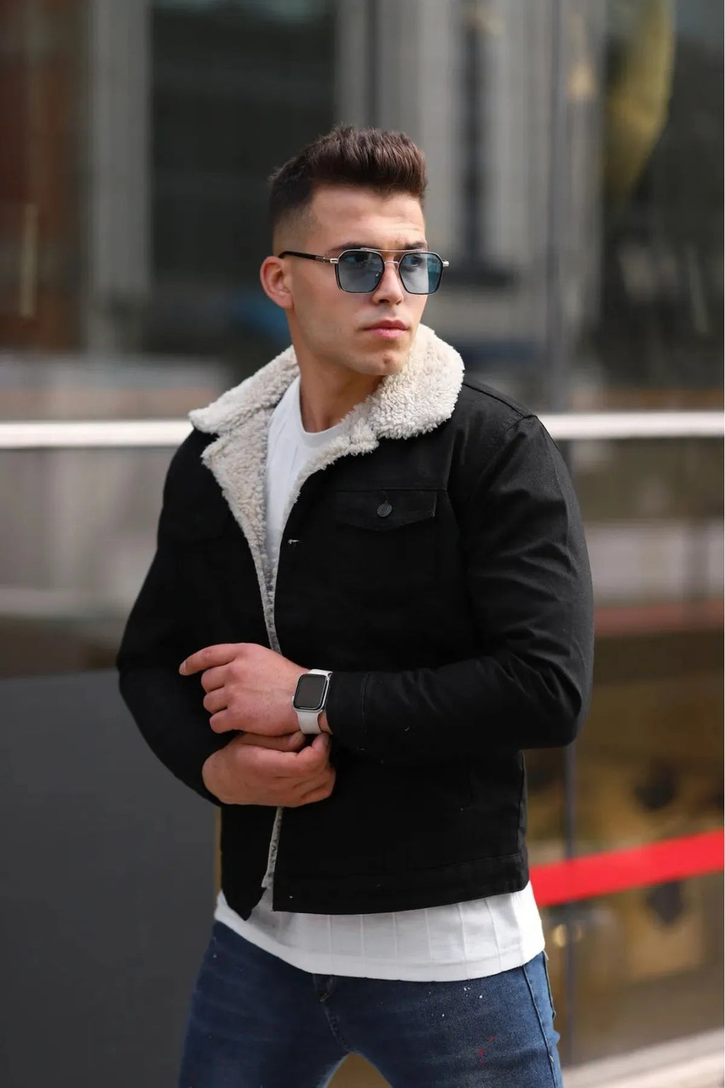 Men's Off White Fur Black Denim Jacket – Premium Style by DOCACCA