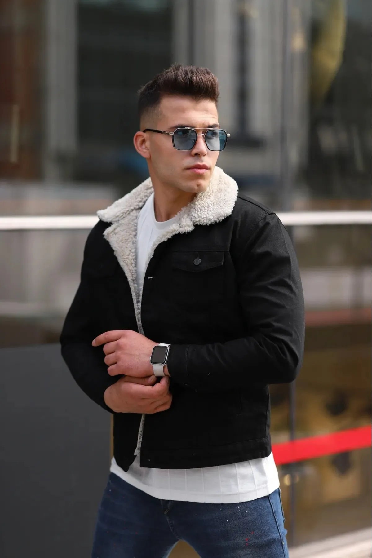 Men's Off White Fur Black Denim Jacket – Premium Style by HARCHIZ