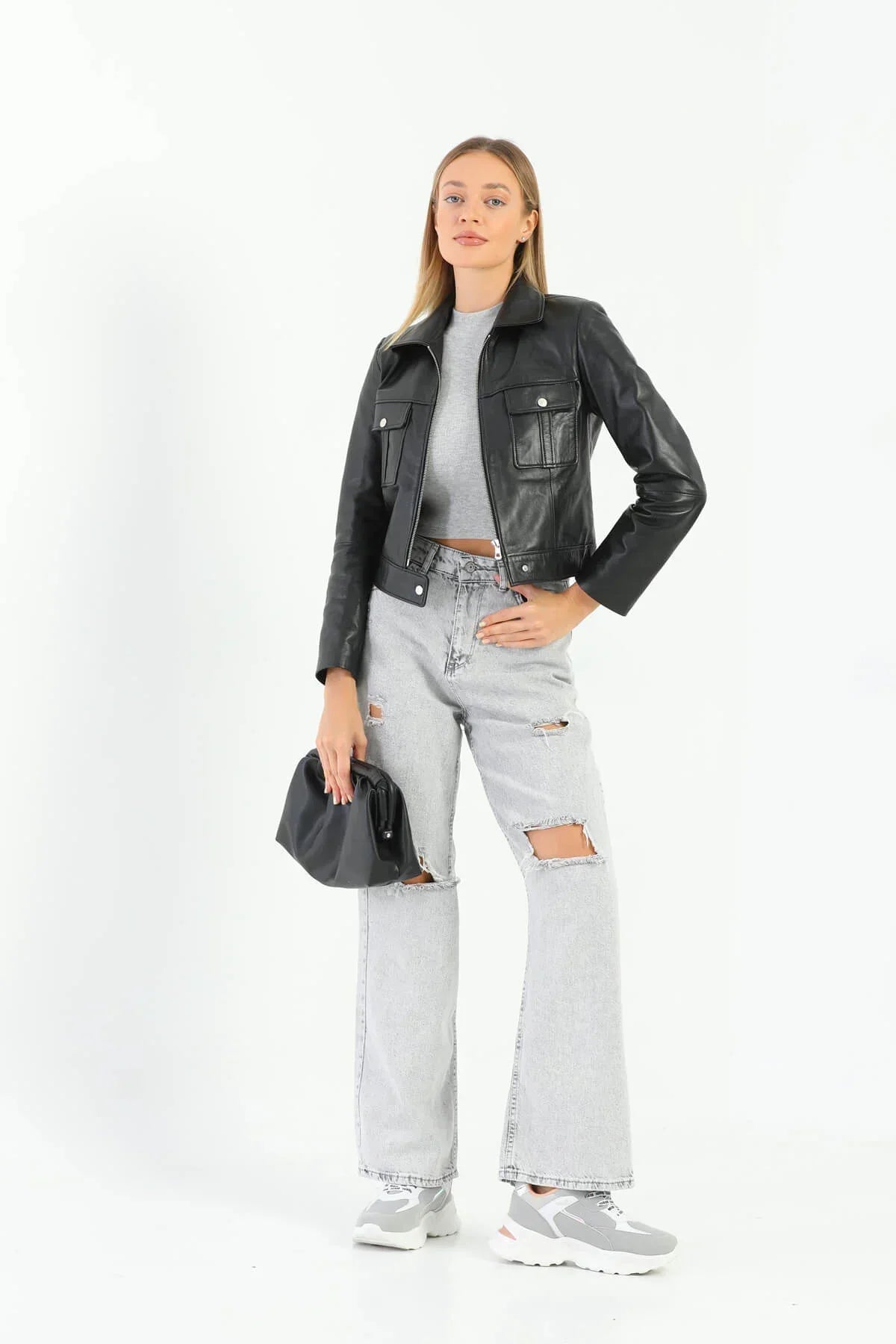Astrid Glossy Black Crop Leather Jacket Women