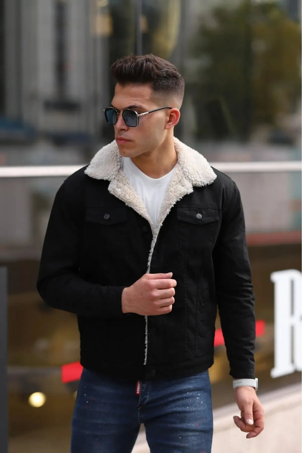 Men's Off White Fur Black Denim Jacket – Premium Style by HARCHIZ