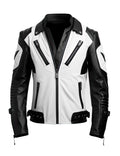 Men's White Black Genuine Sheepskin Stand Collar V-Neck Quilted Belted Soft Casual Slim-fit Moto Biker Leather Jacket - Front View - Docacca