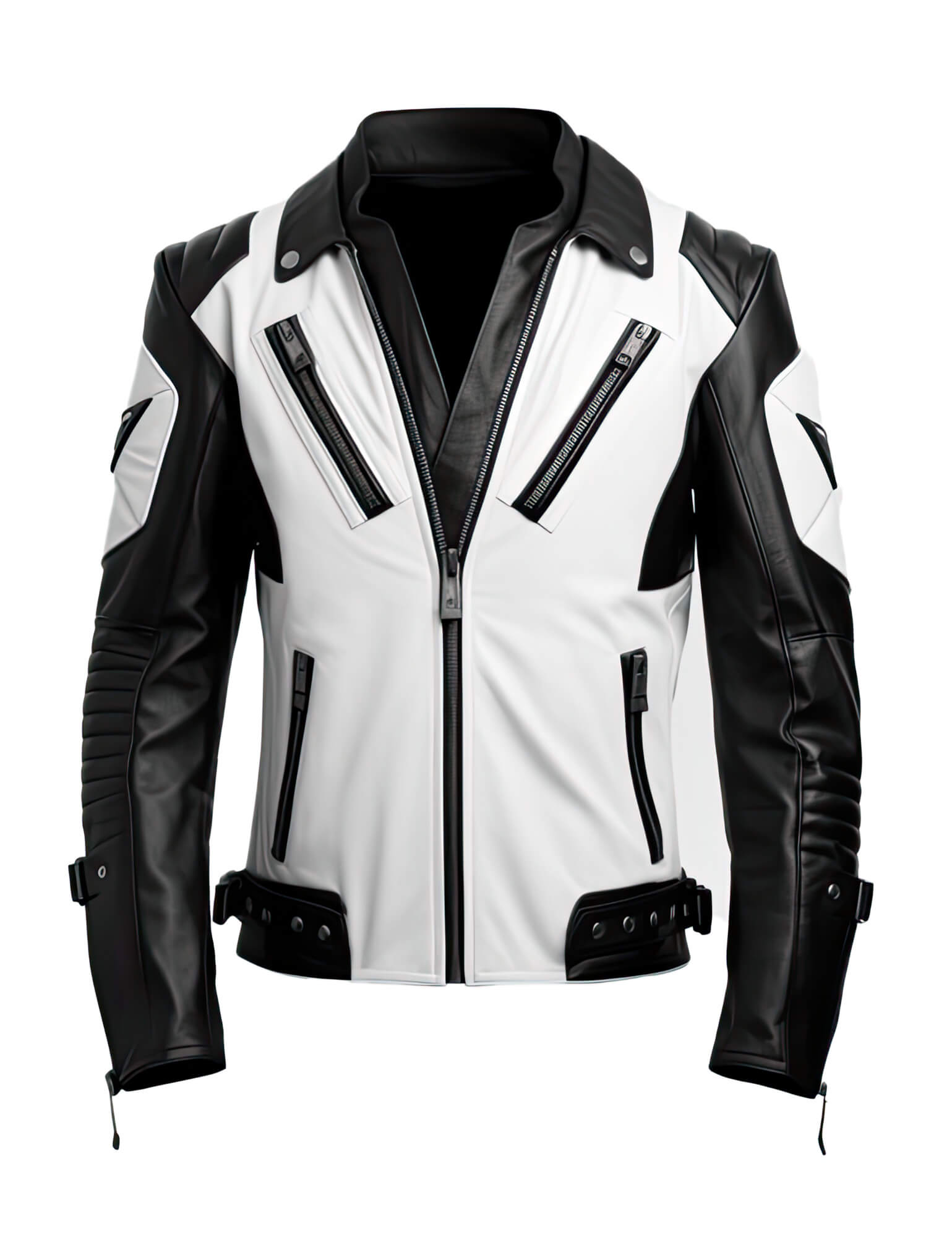 Men's White Black Genuine Sheepskin Stand Collar V-Neck Quilted Belted Soft Casual Slim-fit Moto Biker Leather Jacket - Front View - HARCHIZ