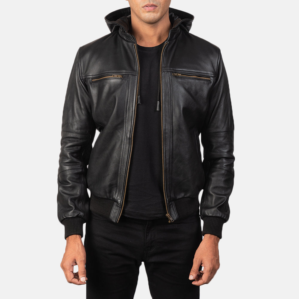 Black Leather Hooded Bomber Jacket