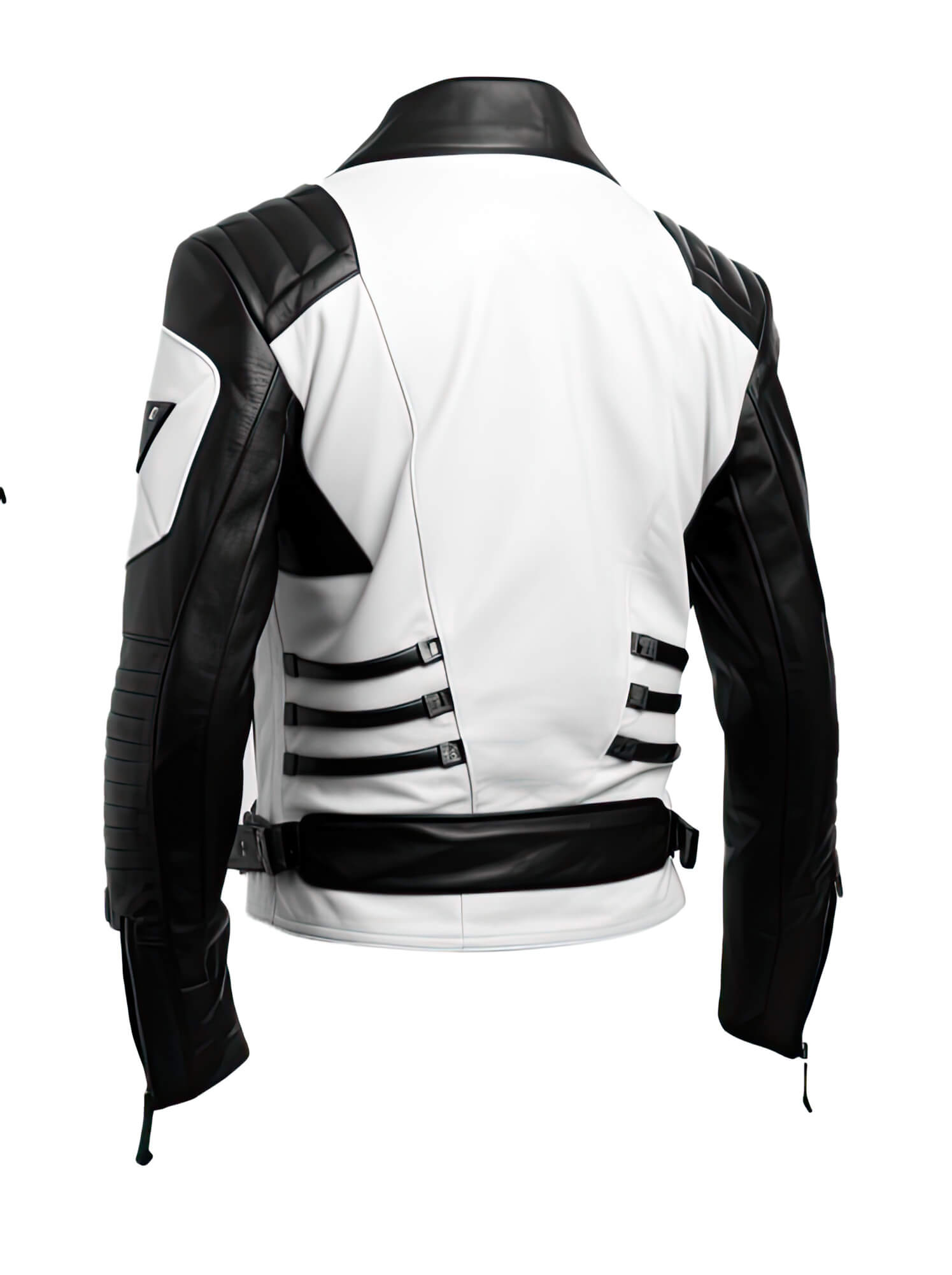 Men's White Black Genuine Sheepskin Stand Collar V-Neck Quilted Belted Soft Casual Slim-fit Moto Biker Leather Jacket - Back View - HARCHIZ