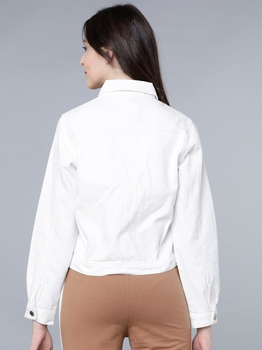 Women White Solid Crop Denim Jacket – Trendy Lightweight Layer for Pakistani Summers | HARCHIZ