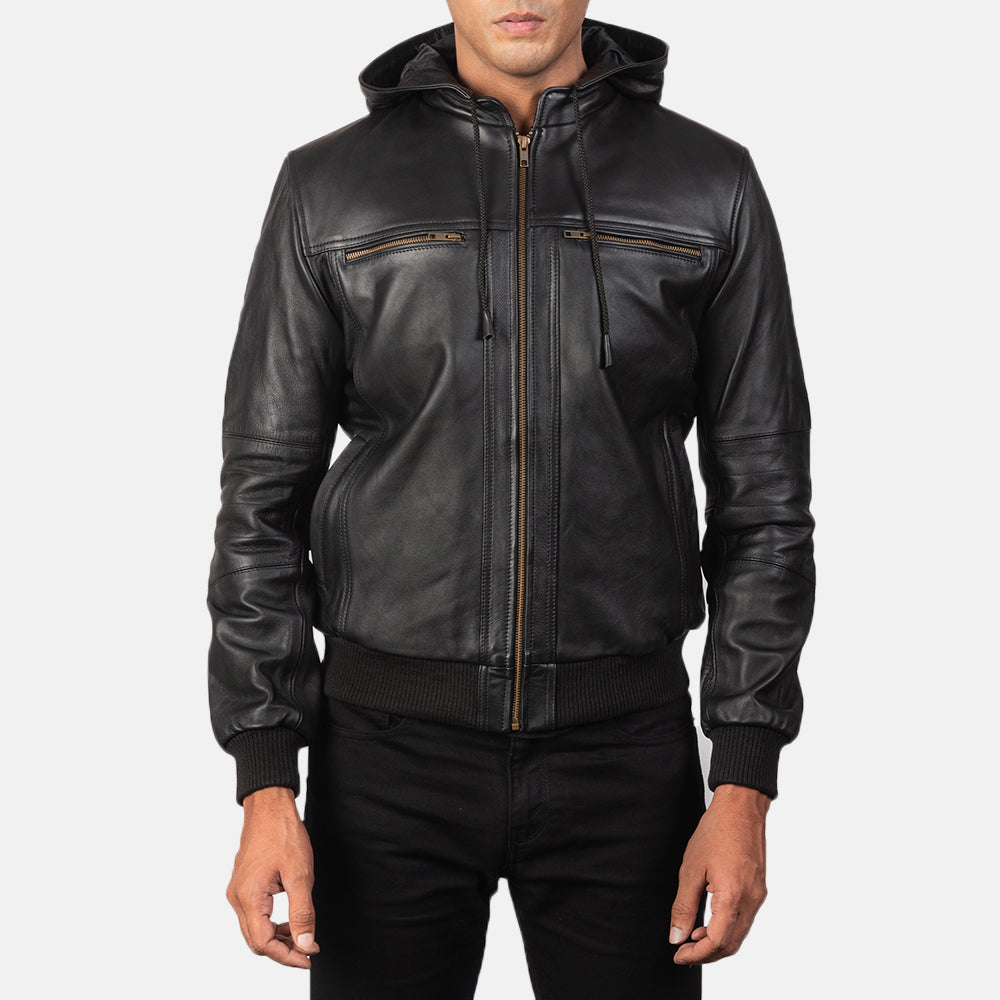 Black Leather Hooded Bomber Jacket