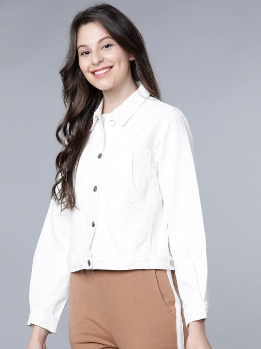 Women White Solid Crop Denim Jacket – Trendy Lightweight Layer for Pakistani Summers | HARCHIZ