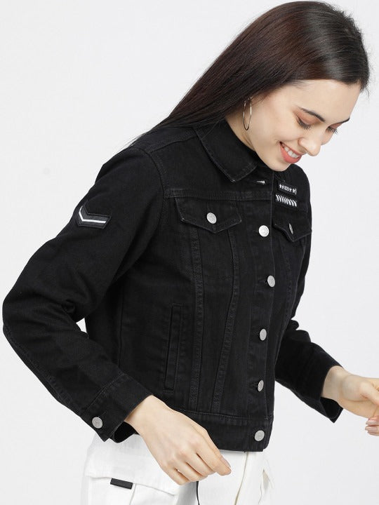 Women Black Solid Denim Jacket – Trendy Everyday Outerwear in Pakistan | HARCHIZ