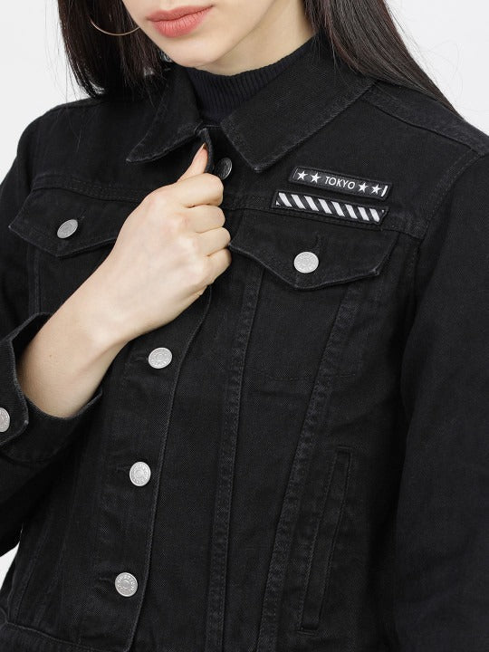 Women Black Solid Denim Jacket – Trendy Everyday Outerwear in Pakistan | HARCHIZ
