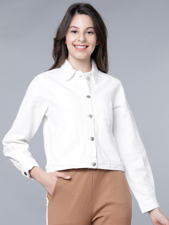 Women White Solid Crop Denim Jacket – Trendy Lightweight Layer for Pakistani Summers | HARCHIZ