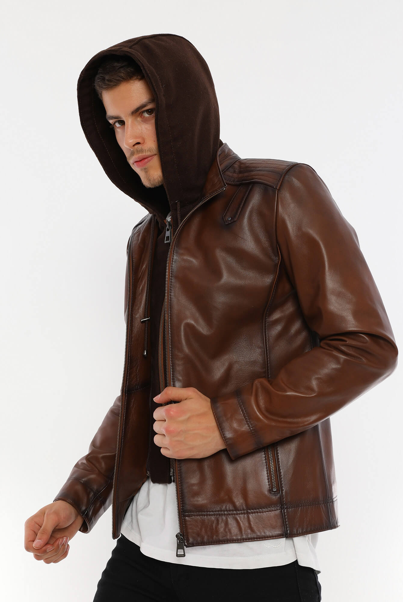 Ace Luca Brown Hooded Leather Jacket