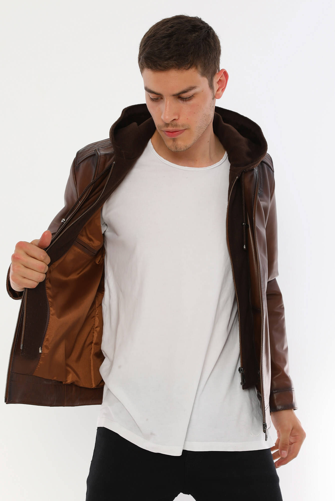 Ace Luca Brown Hooded Leather Jacket