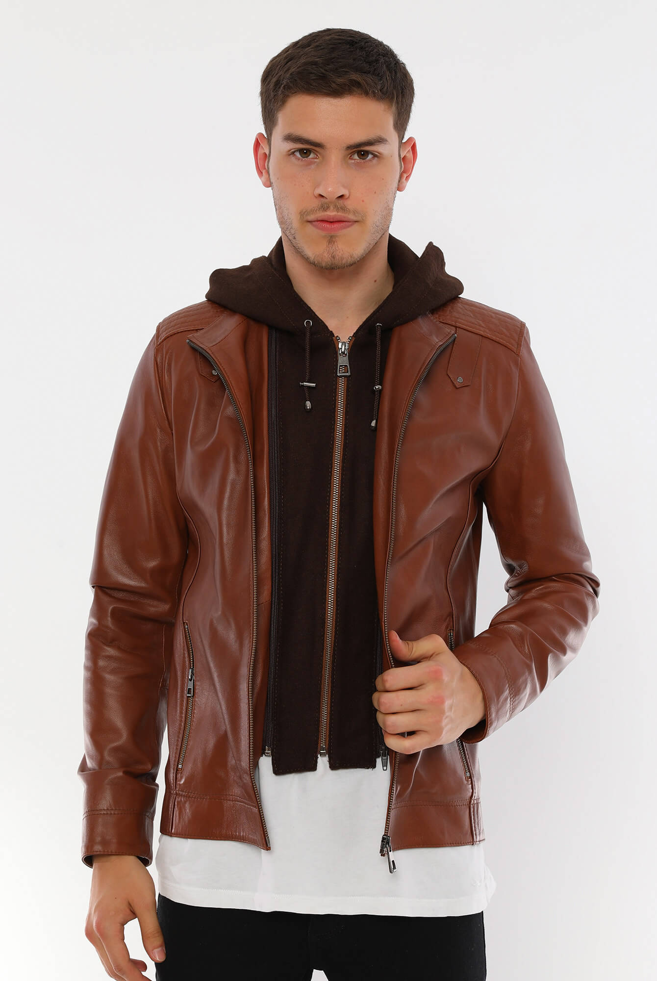 Ace Luca Tan Hooded Leather Jacket