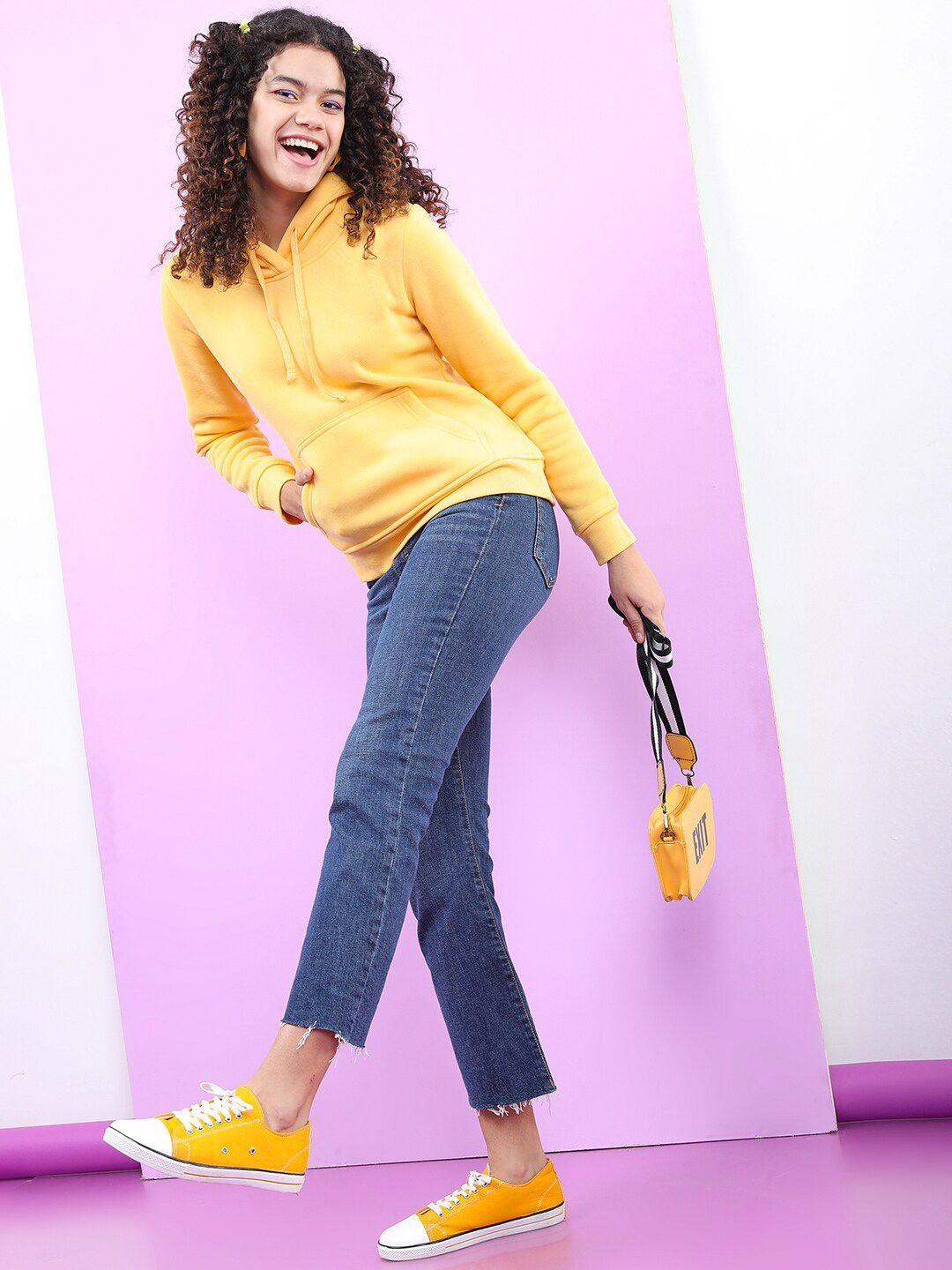 Women Yellow Hooded Hoodie — Bright Cotton Pullover with Kangaroo Pocket | HARCHIZ Pakistan