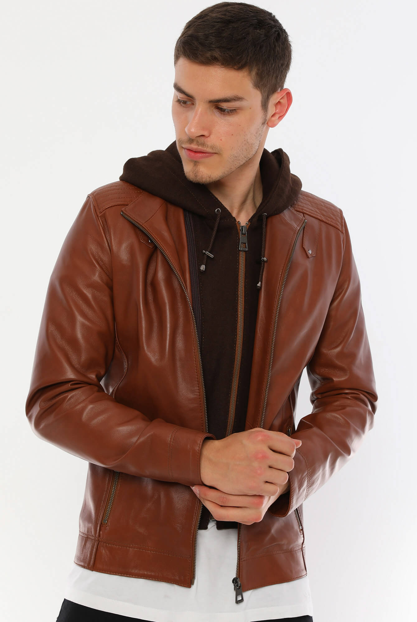 Ace Luca Tan Hooded Leather Jacket