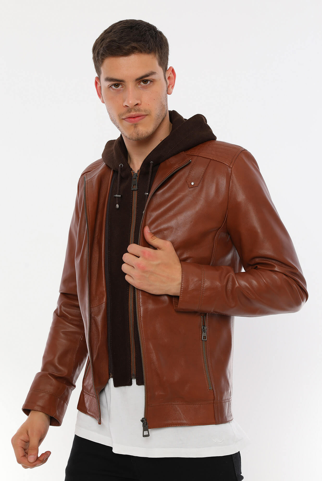 Ace Luca Tan Hooded Leather Jacket