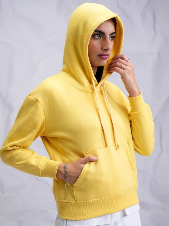 Yellow Relaxed Hooded Pullover Hoodie for Women — Casual Cotton-Blend Sweatshirt | HARCHIZ Pakistan