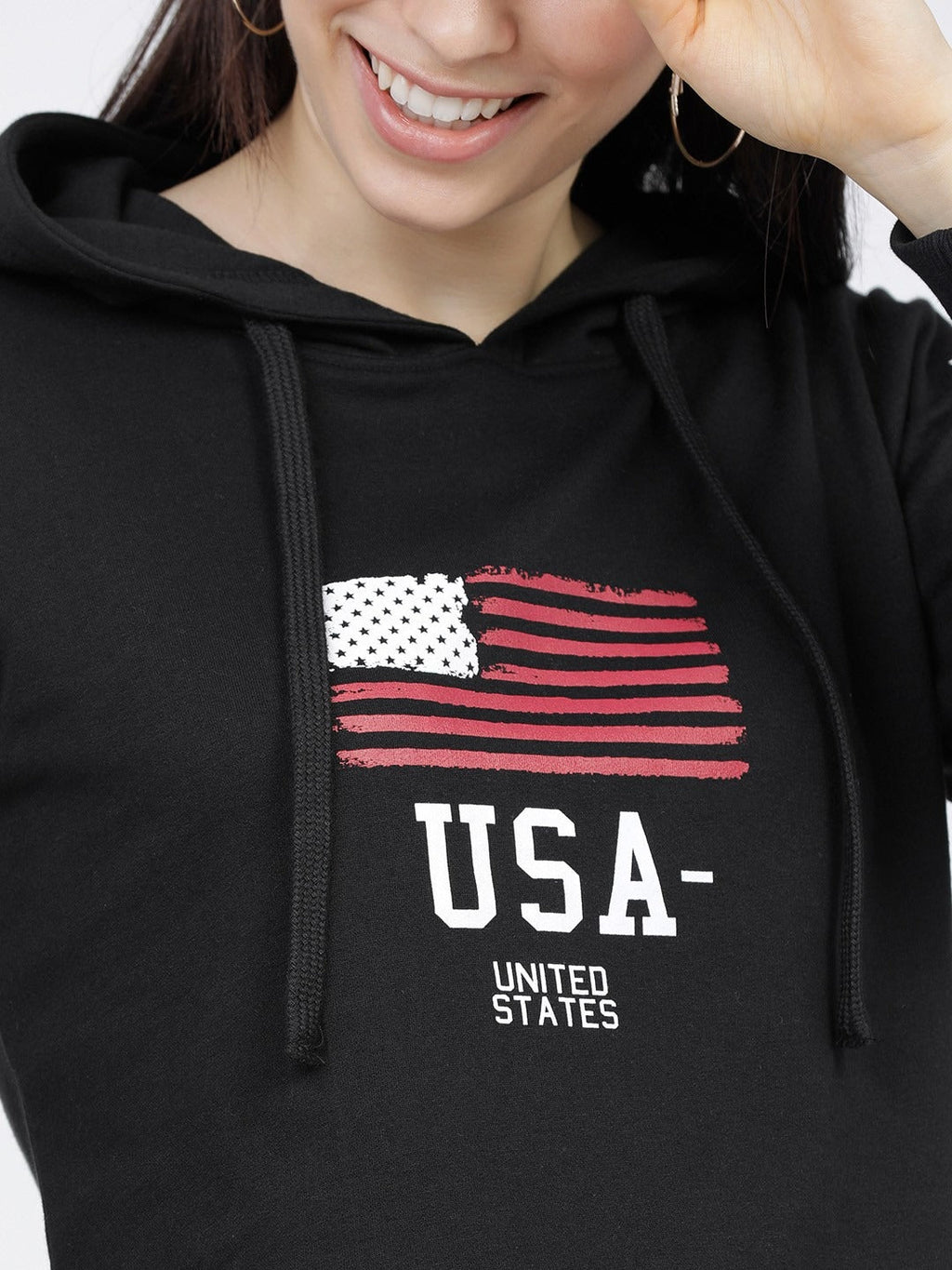 Women Black & White Printed Hooded Hoodie — Graphic Pullover with Kangaroo Pocket | HARCHIZ Pakistan
