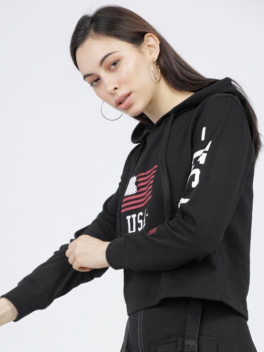 Women Black & White Printed Hooded Hoodie — Graphic Pullover with Kangaroo Pocket | HARCHIZ Pakistan